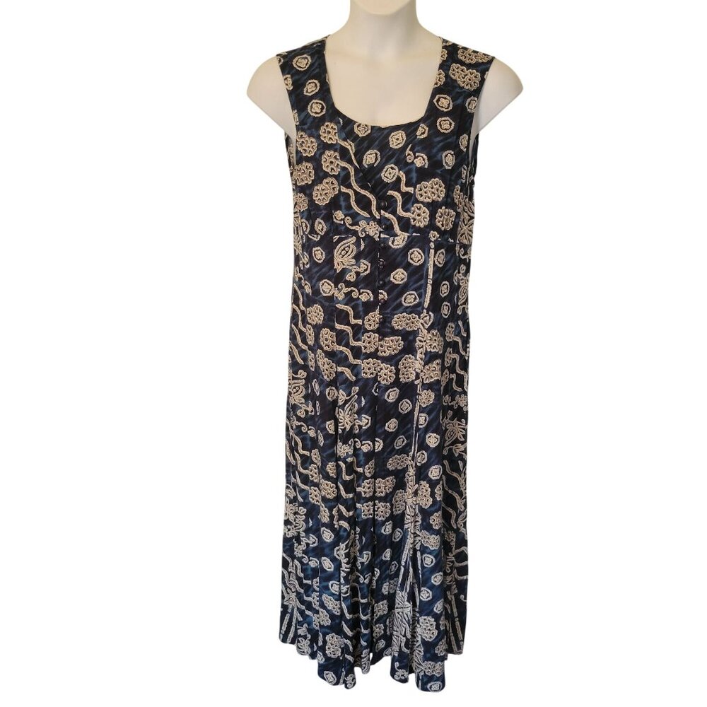 Vintage Cristin Stevens Sleeveless Maxi Dress Button Front L Blue Tan Patchwork